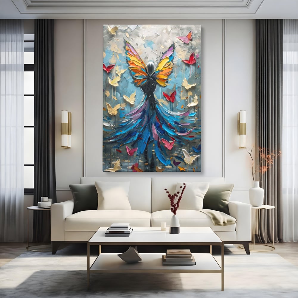 Tablou canvas cu tablou canvas cu femeie si aripi de fluture, fara rama, pe sasiu de lemn, pe perete intr-un living